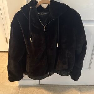 Zara black fuzzy hooded jacket